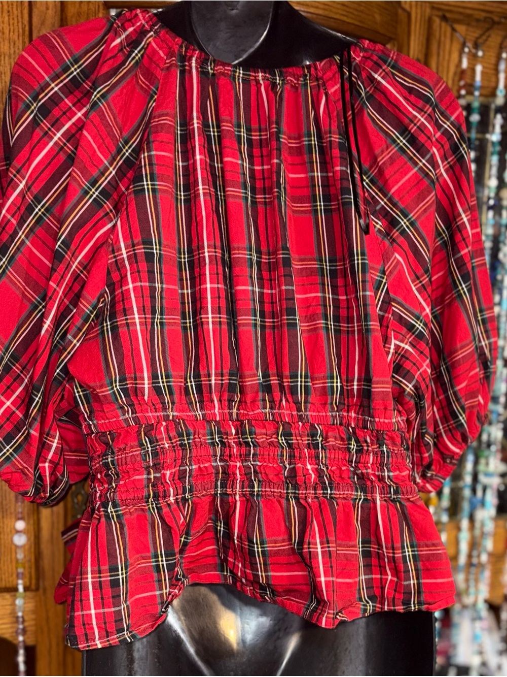 Old Navy red tartan Puff-Sleeve Peplum top smocked waist and v-neck large - Picture 5 of 10